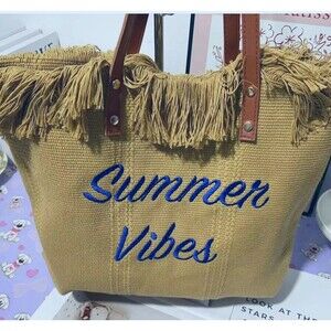 Women's Canvas Shoulder Tote Beach Summer Vibes Gold Fringed Cruise